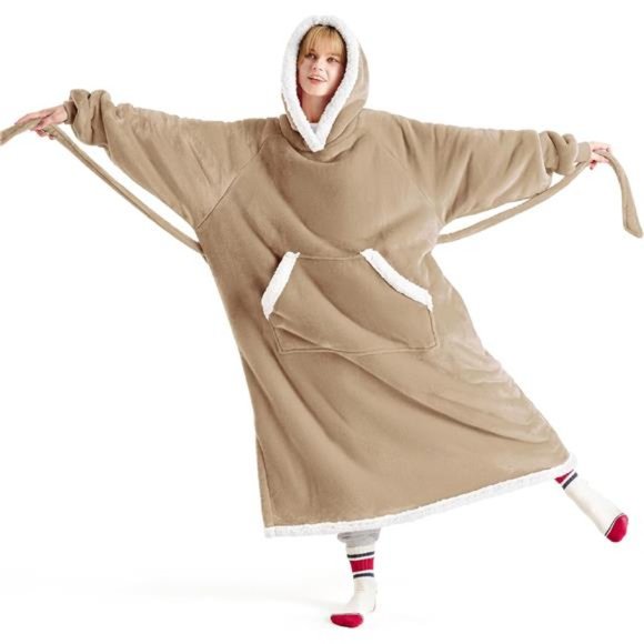 Wearable Blanket Hoodie Long Sherpa Fleece Hooded Blanket Adult Beige